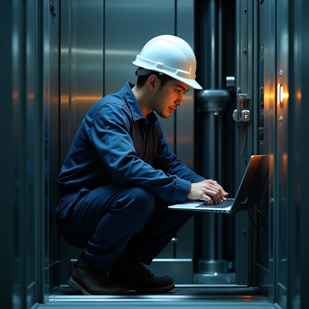 Технический специалист при работе с лифтом